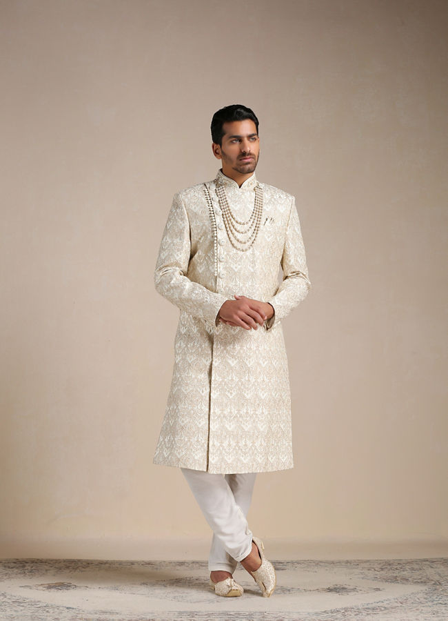 Manyavar Men Cream Medallion Patterned Angrakha Style Sherwani Set image number 1