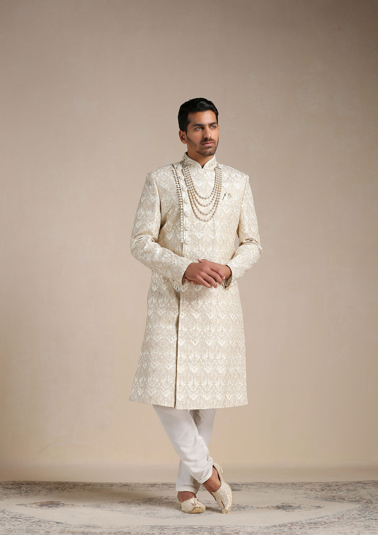 Manyavar Men Cream Medallion Patterned Angrakha Style Sherwani Set