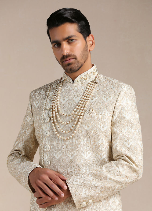 Manyavar Men Cream Medallion Patterned Angrakha Style Sherwani Set