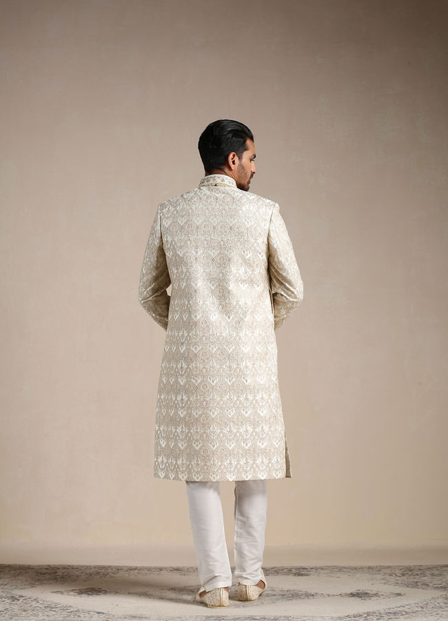 Manyavar Men Cream Medallion Patterned Angrakha Style Sherwani Set
