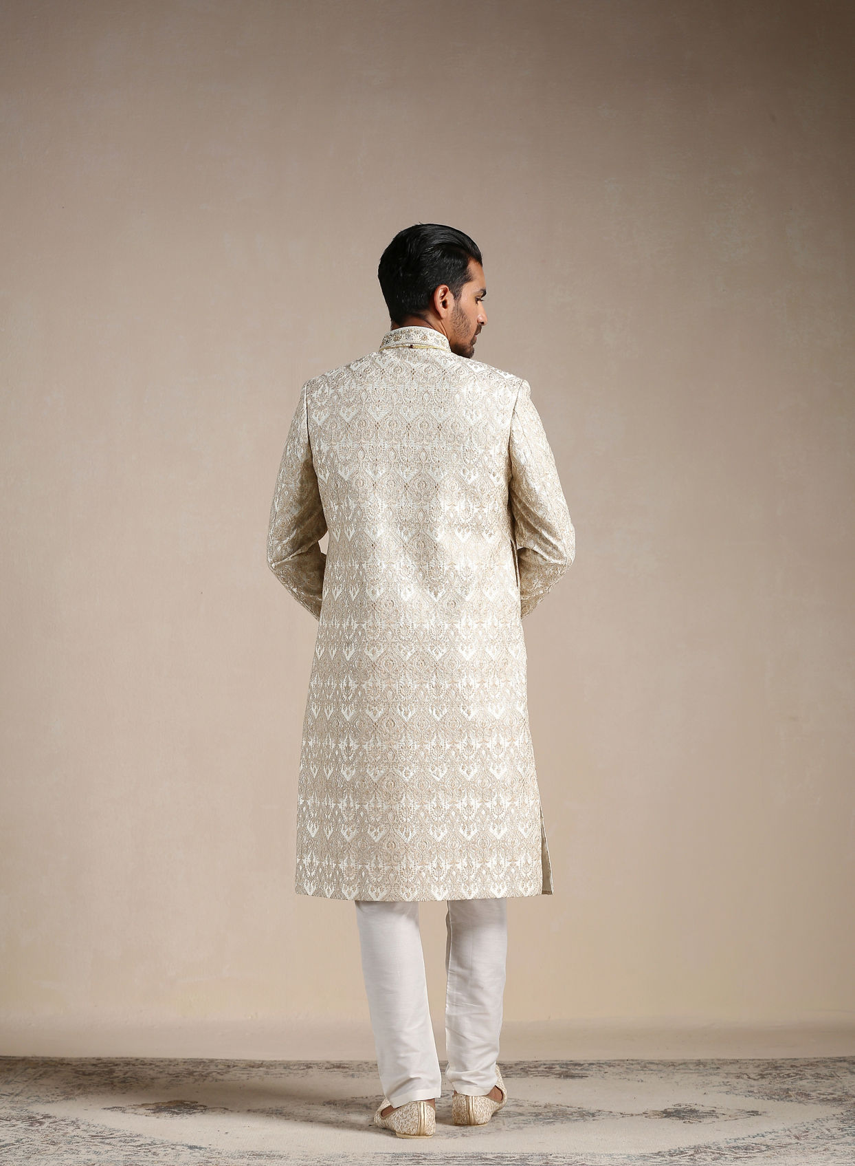 Manyavar Men Cream Medallion Patterned Angrakha Style Sherwani Set