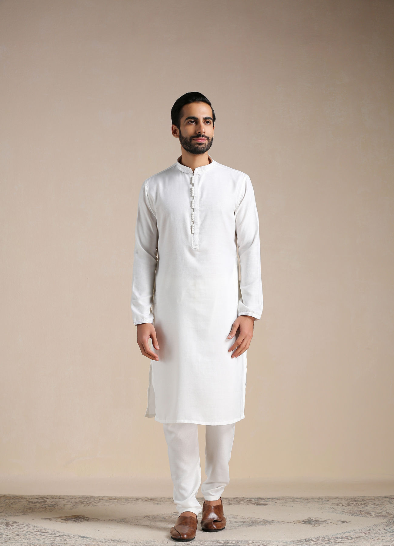 Manyavar Men Brilliant White Placket Detailed Kurta Set