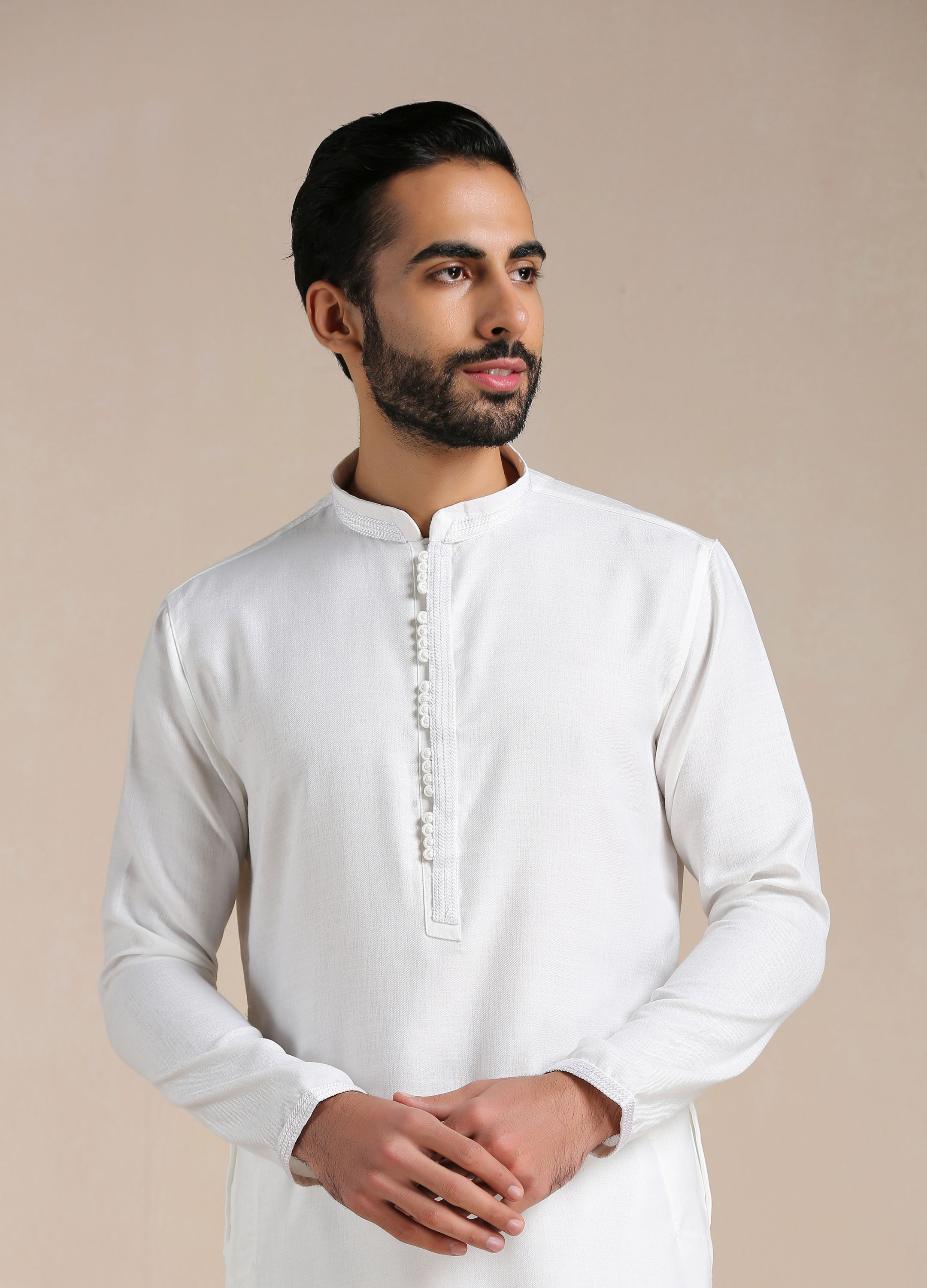 Manyavar Men Brilliant White Placket Detailed Kurta Set