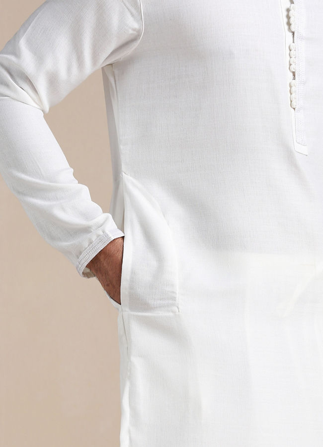 Manyavar Men Brilliant White Placket Detailed Kurta Set
