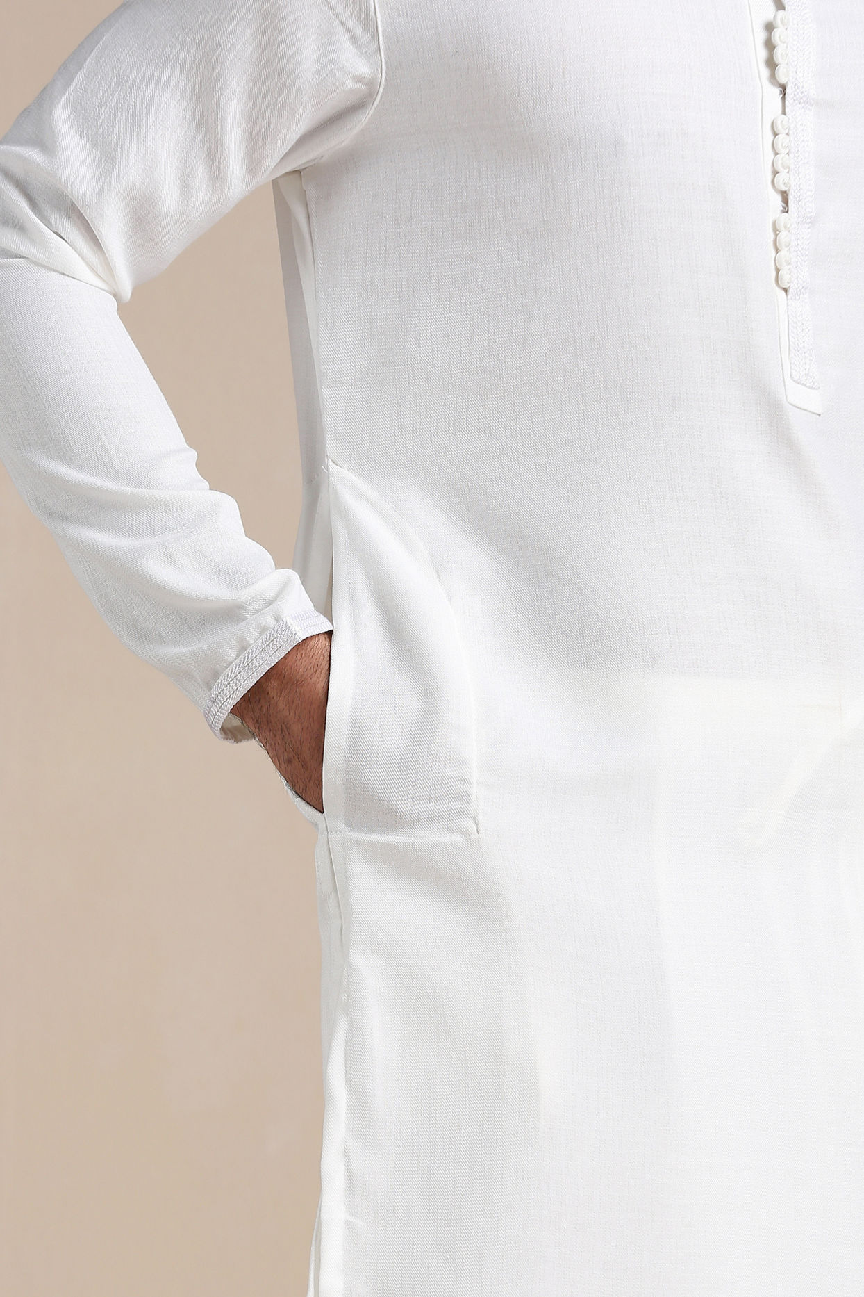 Manyavar Men Brilliant White Placket Detailed Kurta Set