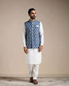 alt message - Manyavar Men Brilliant Blue Print Half Jacket image number 2