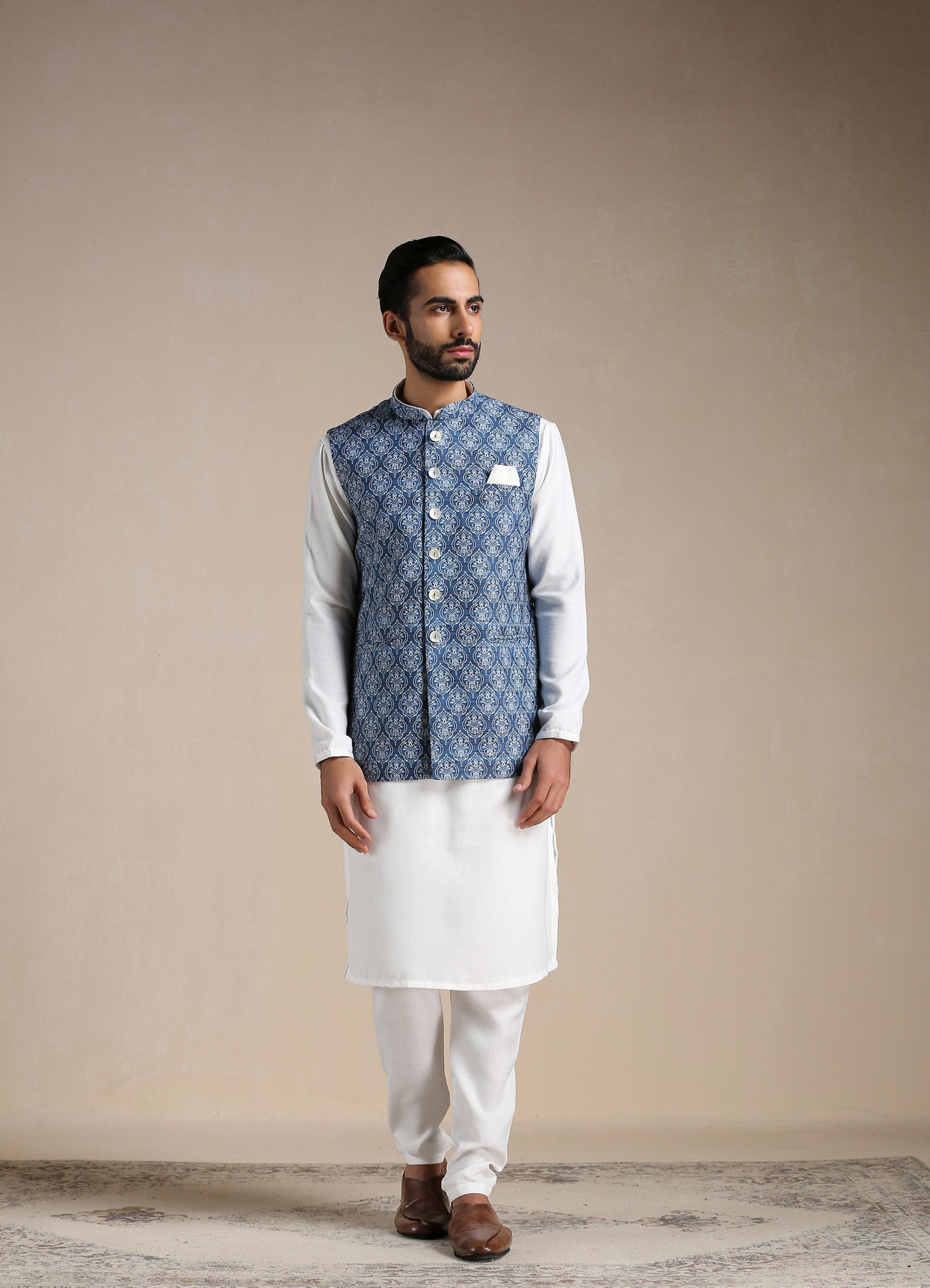 Manyavar Men Brilliant Blue Print Half Jacket