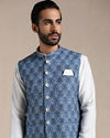 alt message - Manyavar Men Brilliant Blue Print Half Jacket image number 0