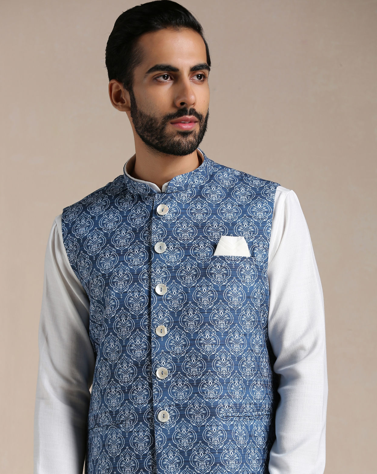 Manyavar Men Brilliant Blue Print Half Jacket