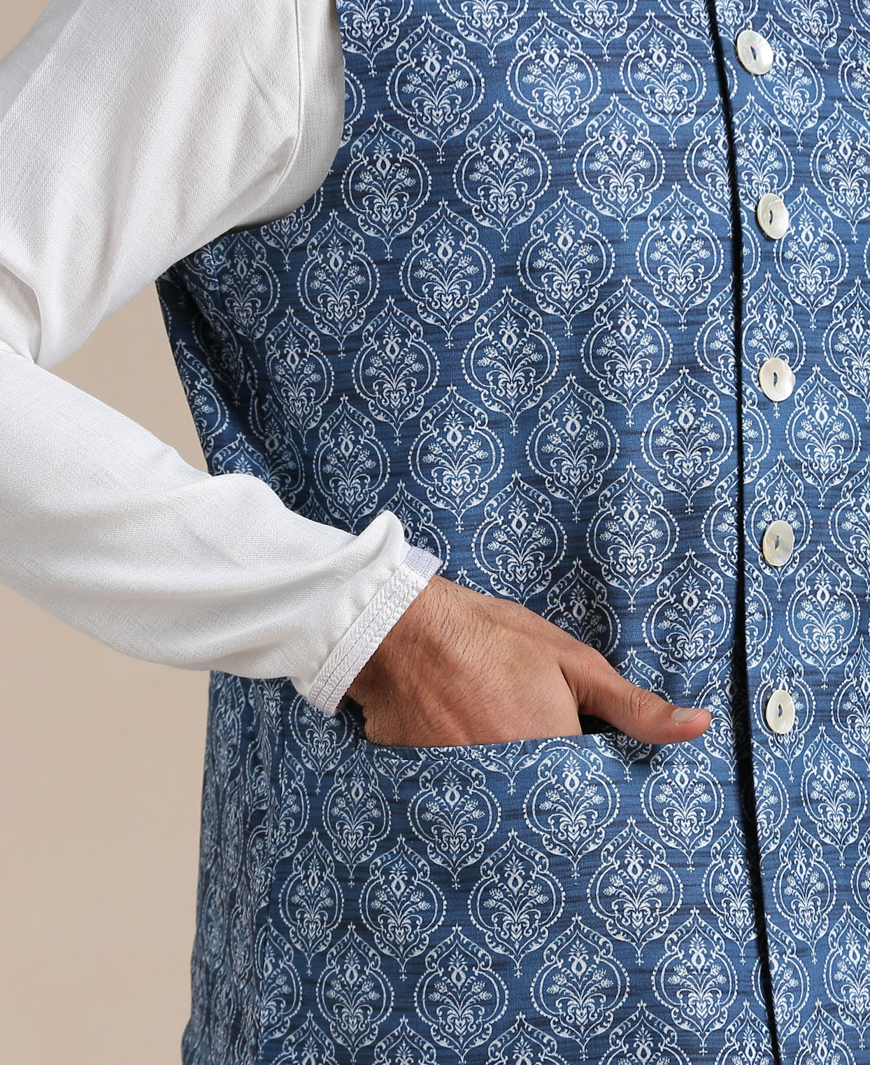 alt message - Manyavar Men Brilliant Blue Print Half Jacket image number 1