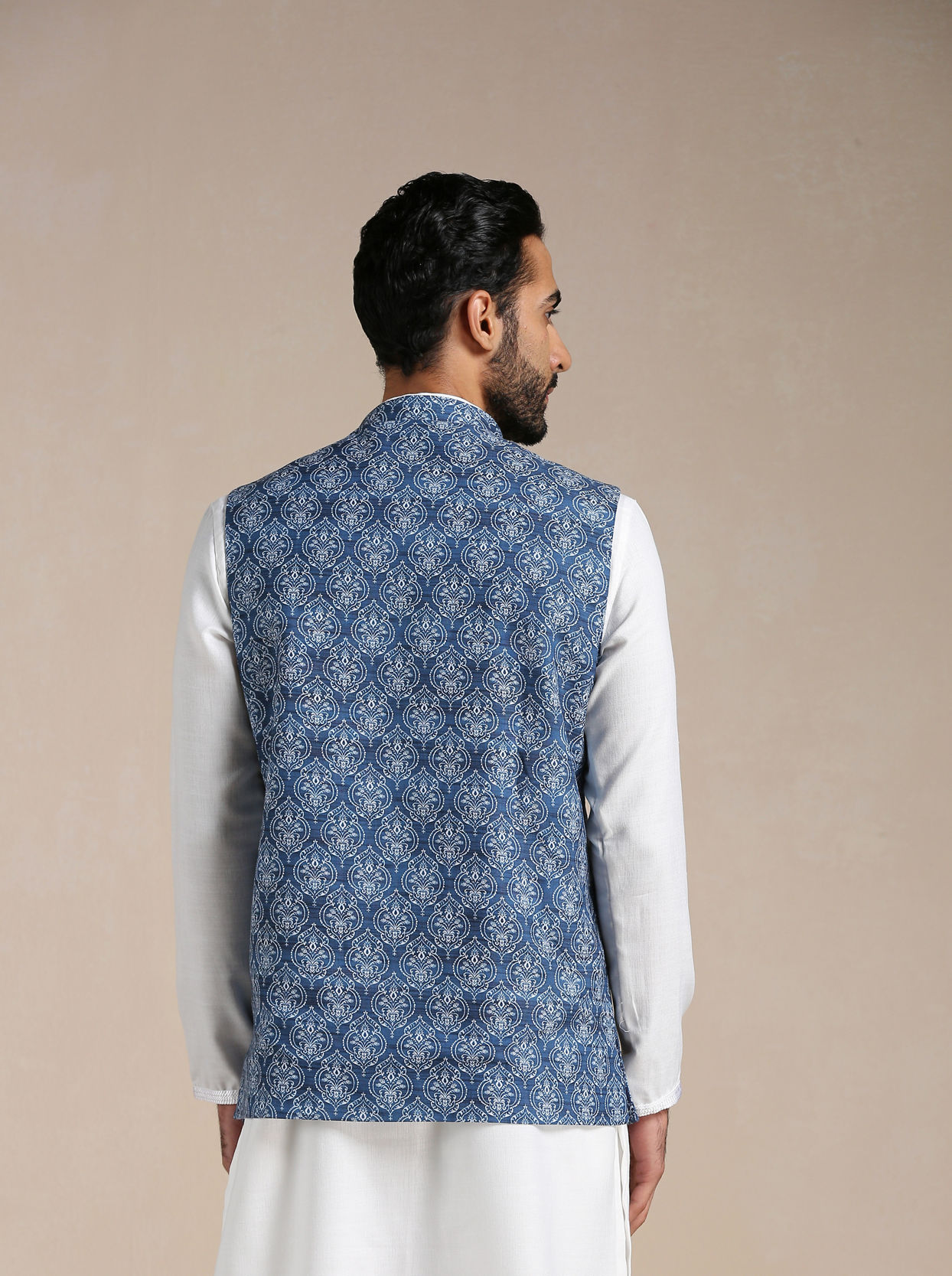 Manyavar Men Brilliant Blue Print Half Jacket