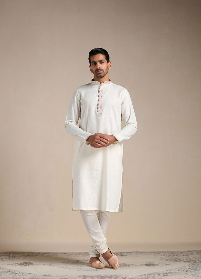 Manyavar Men Off white Contrast Placket Kurta Set image number 1