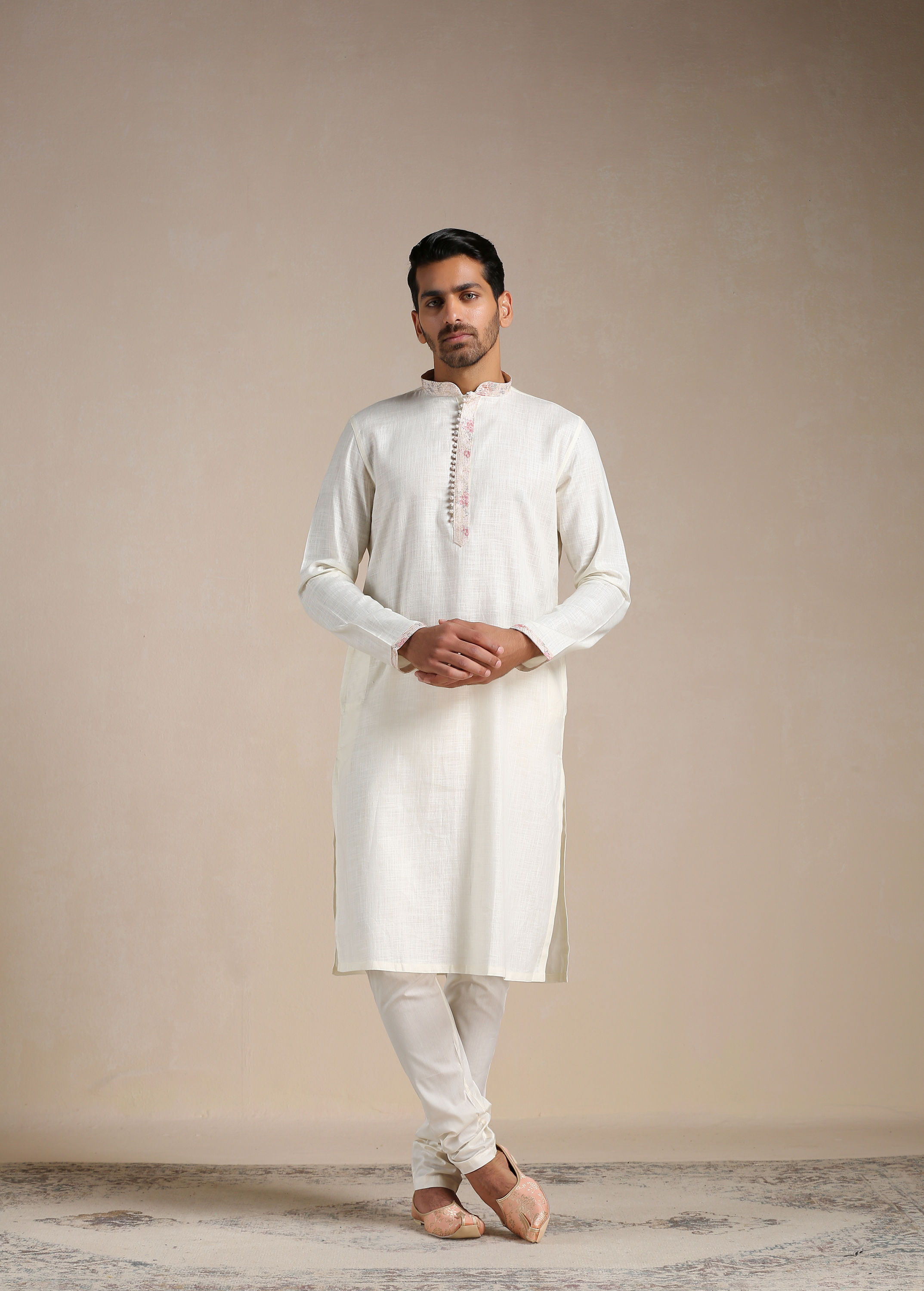 Manyavar Men Off white Contrast Placket Kurta Set