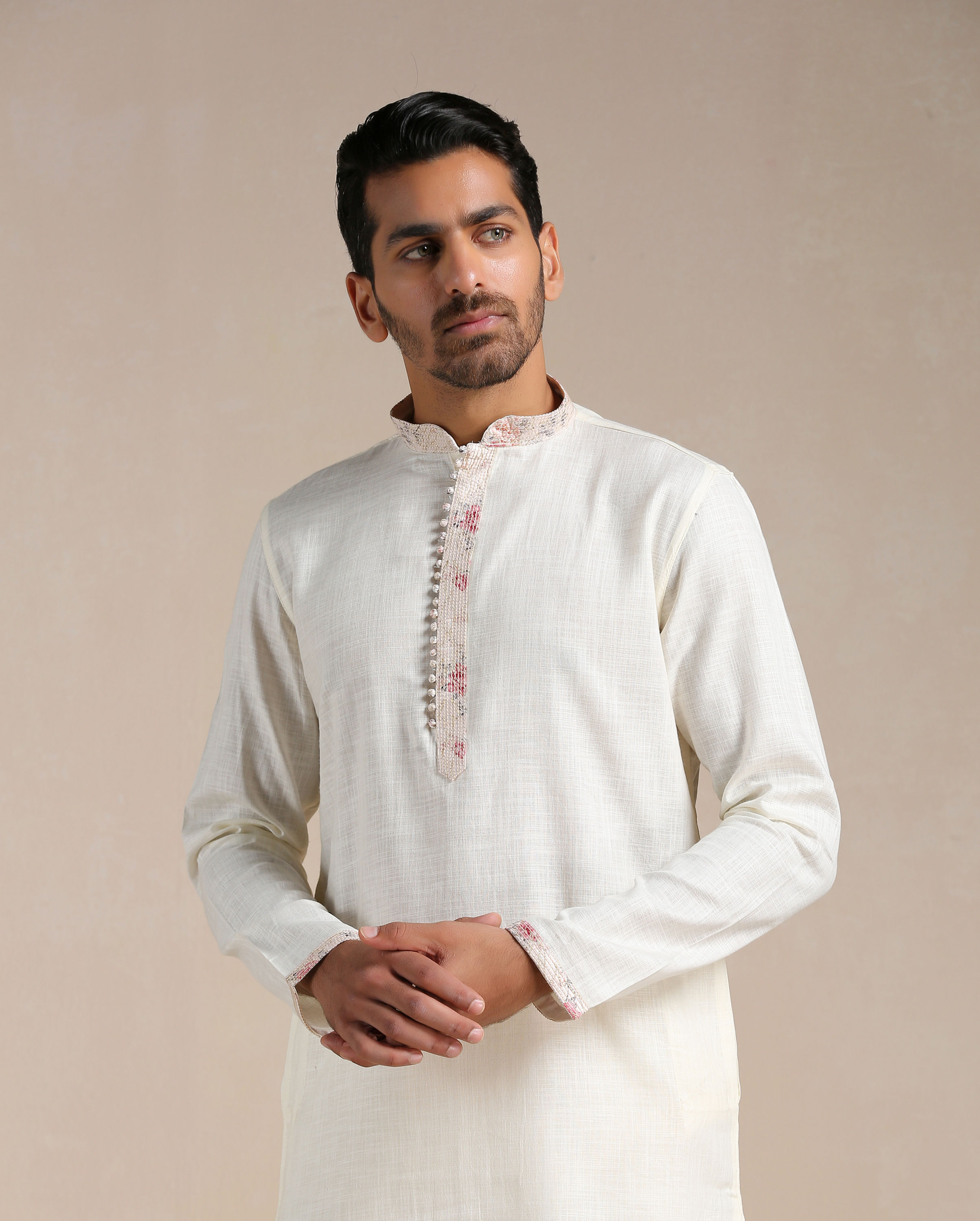 Manyavar Men Off white Contrast Placket Kurta Set