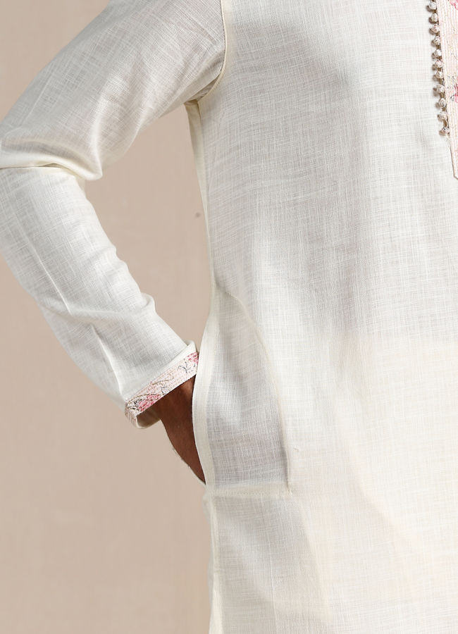 Manyavar Men Off white Contrast Placket Kurta Set image number 2