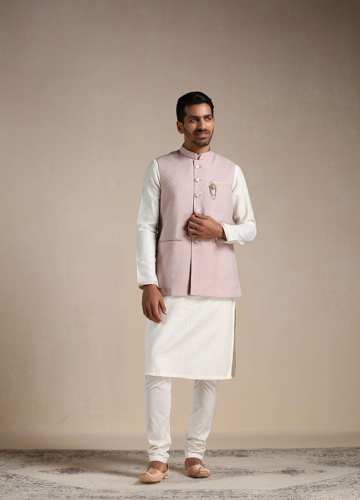 Manyavar Men Rose Shadow Pink Self Patterned Half Jacket