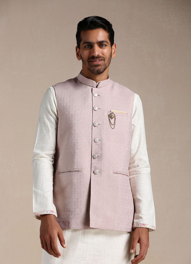 Manyavar Men Rose Shadow Pink Self Patterned Half Jacket