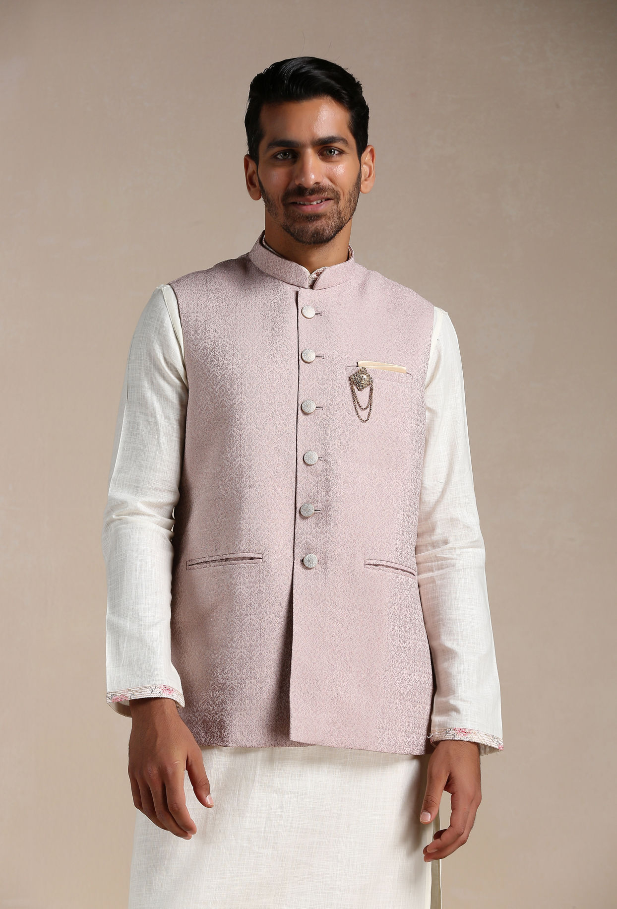 Manyavar Men Rose Shadow Pink Self Patterned Half Jacket