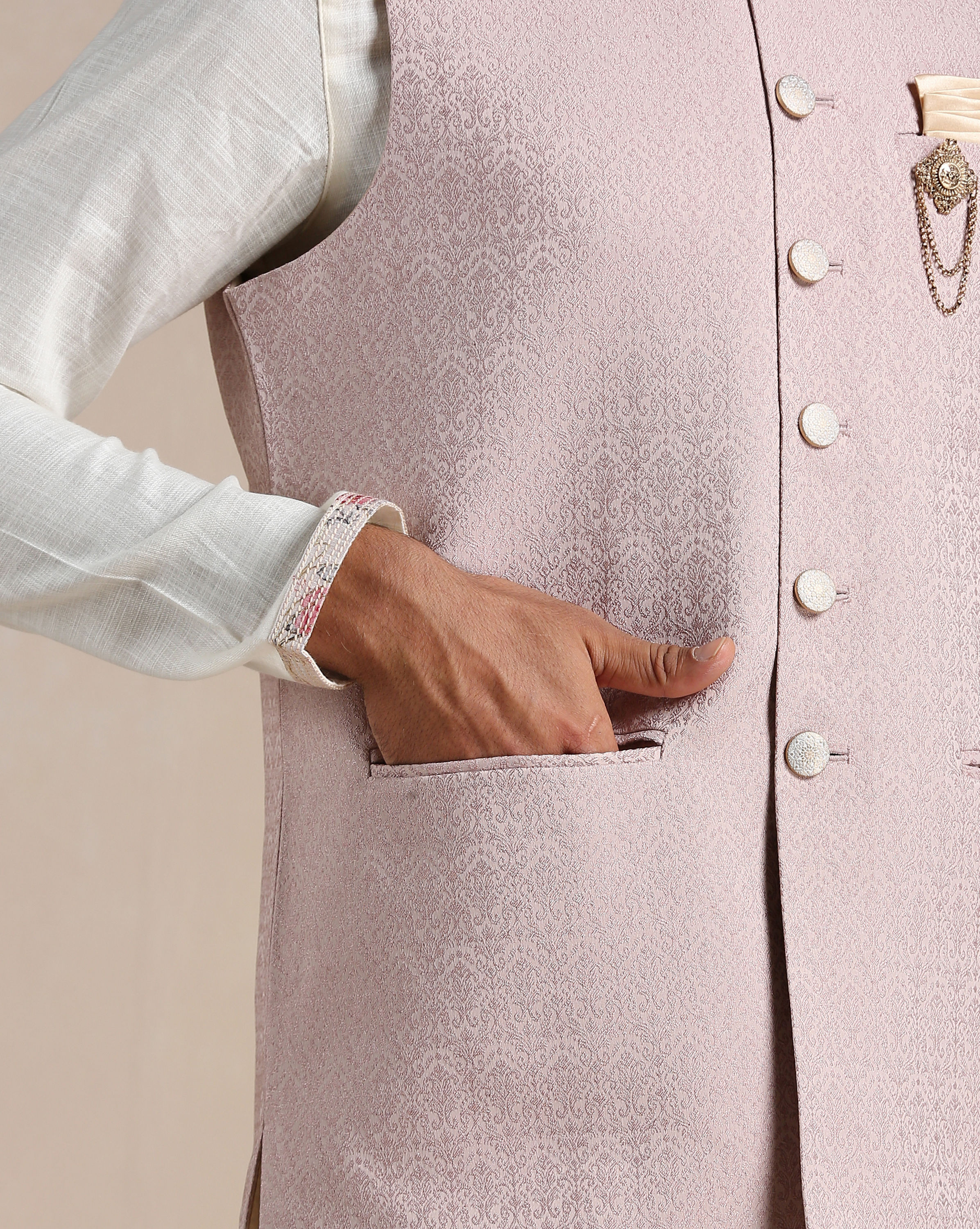 Manyavar Men Rose Shadow Pink Self Patterned Half Jacket