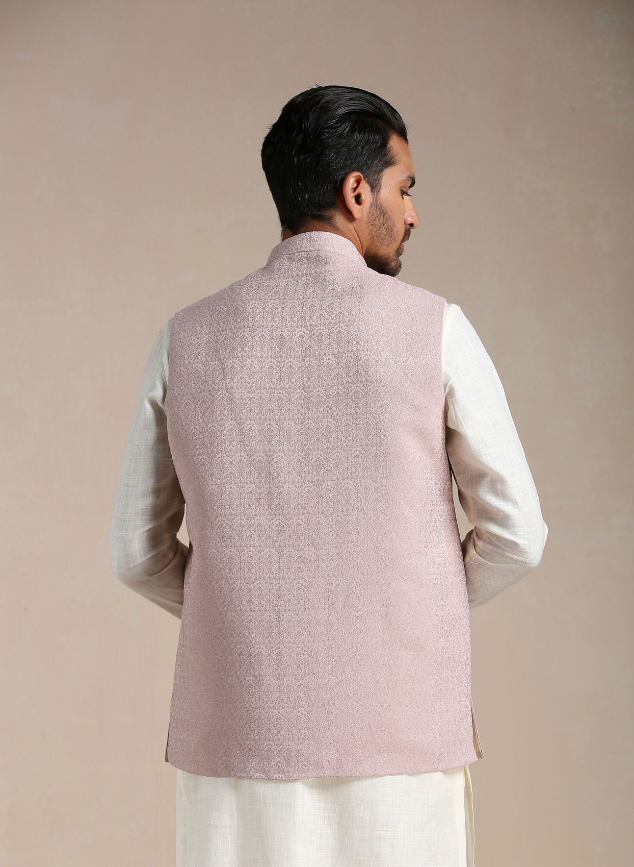 Manyavar Men Rose Shadow Pink Self Patterned Half Jacket