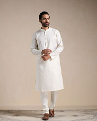 Manyavar Men Pearl White Self Patterned Kurta Set