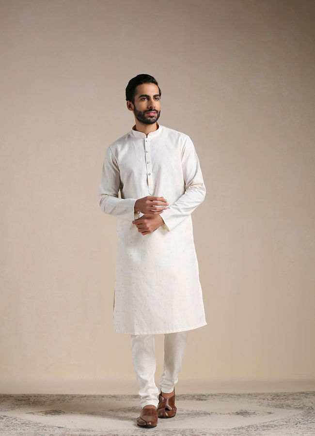 Manyavar Men Pearl White Self Patterned Kurta Set