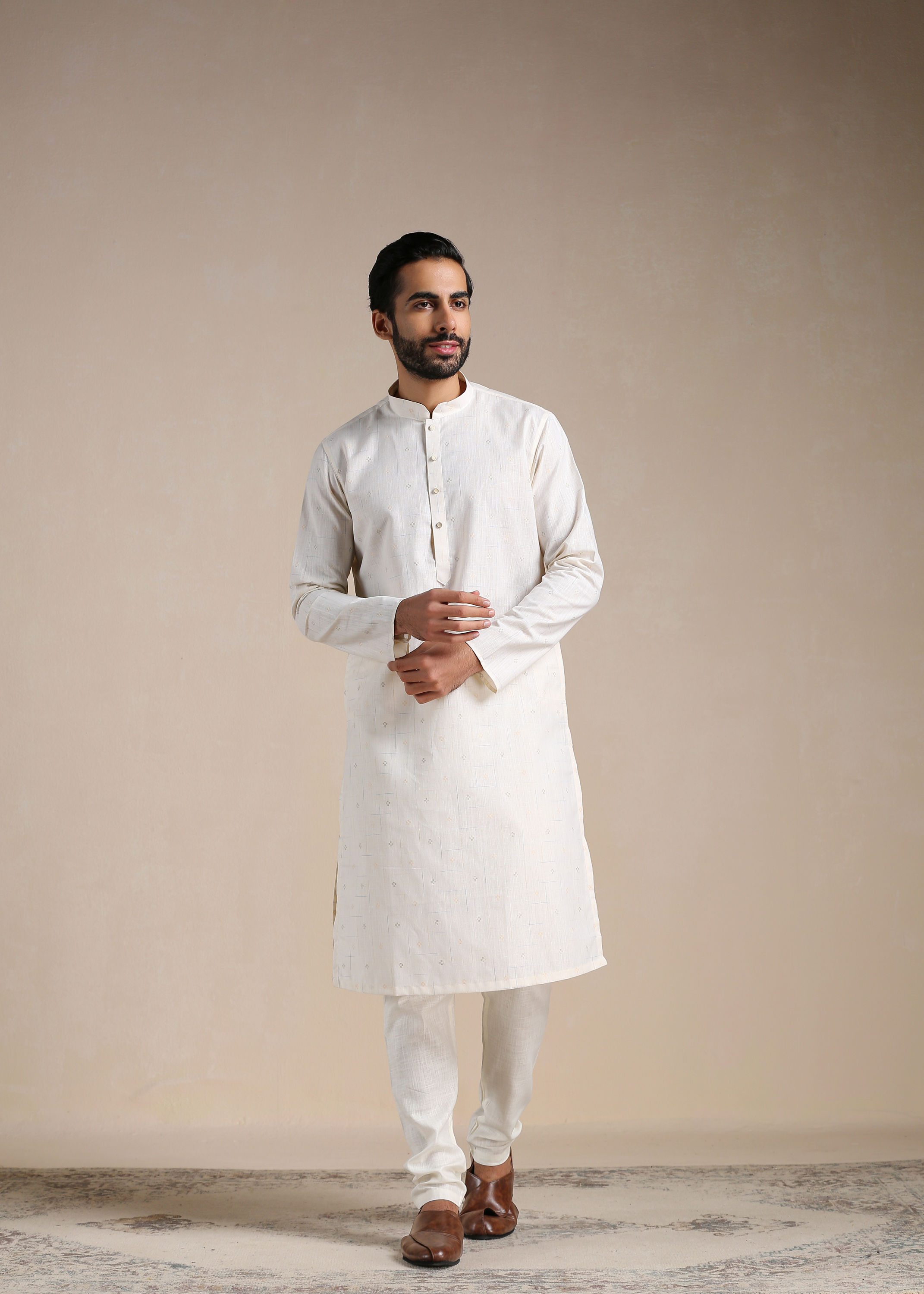 Manyavar Men Pearl White Self Patterned Kurta Set