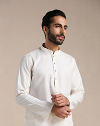 Manyavar Men Pearl White Self Patterned Kurta Set