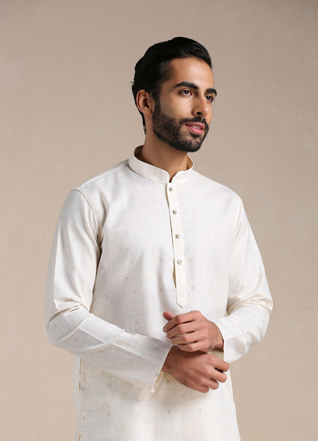 Manyavar Men Pearl White Self Patterned Kurta Set
