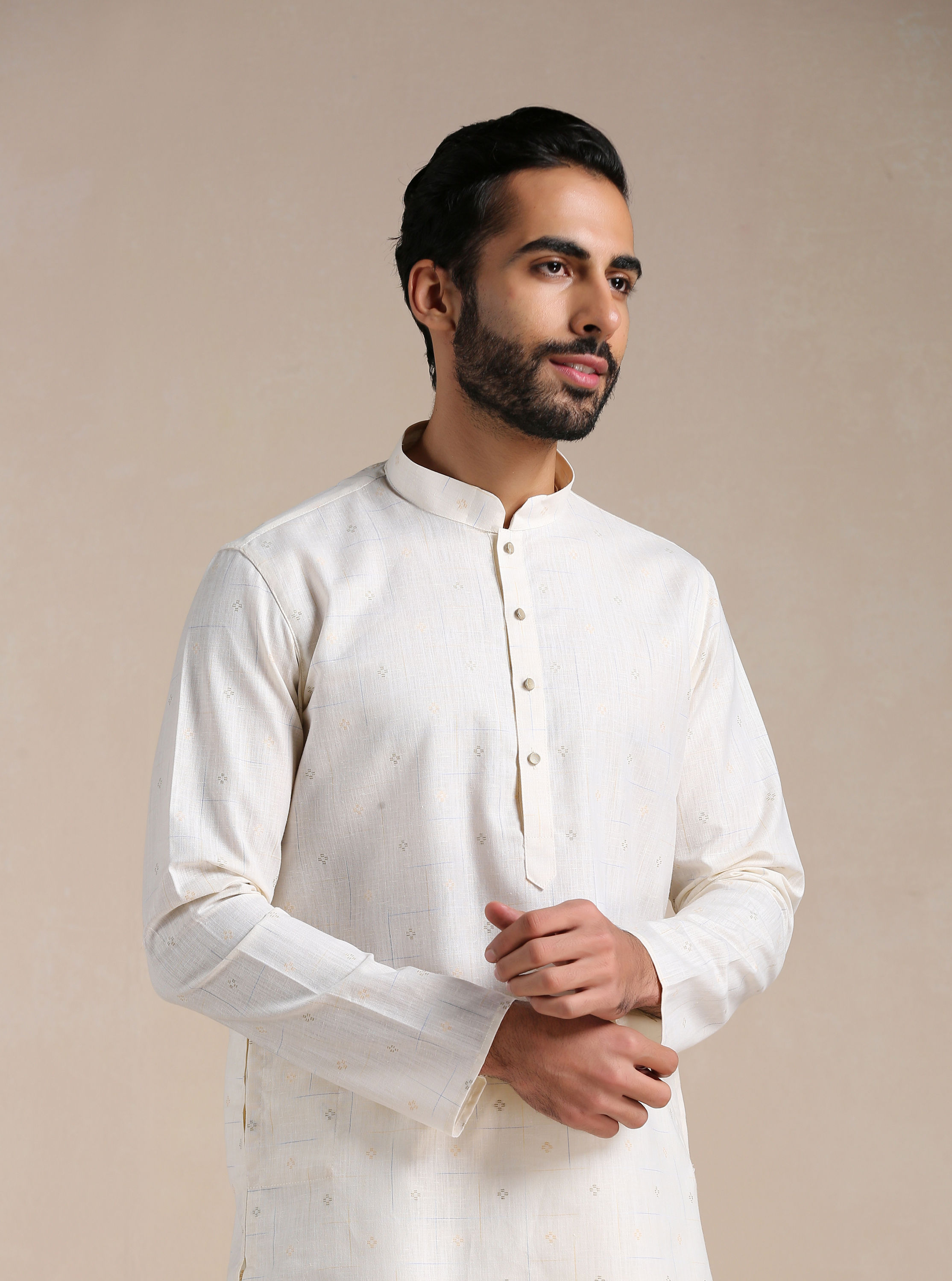 Manyavar Men Pearl White Self Patterned Kurta Set