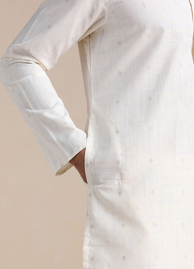 Manyavar Men Pearl White Self Patterned Kurta Set