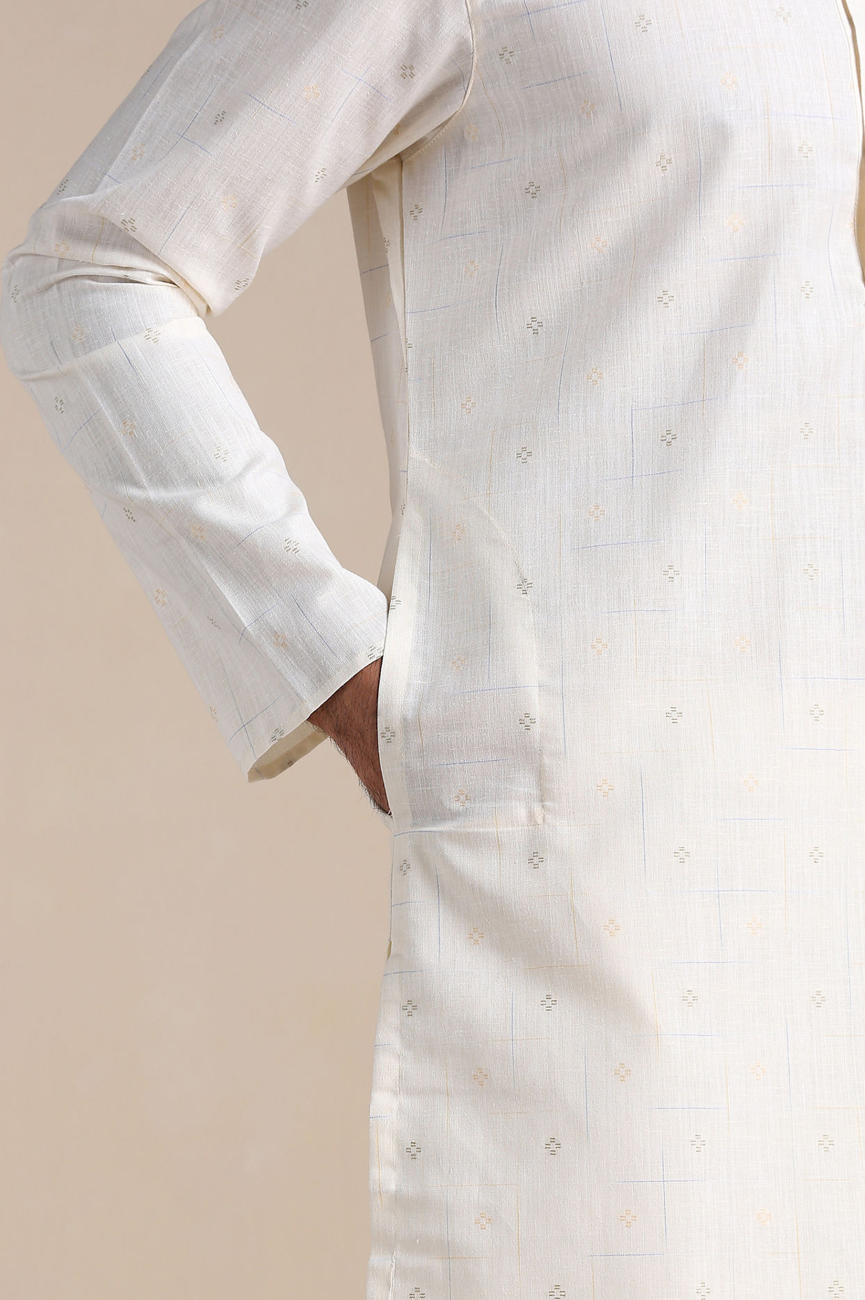 Manyavar Men Pearl White Self Patterned Kurta Set