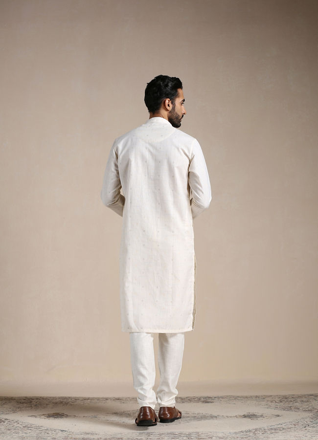 Manyavar Men Pearl White Self Patterned Kurta Set