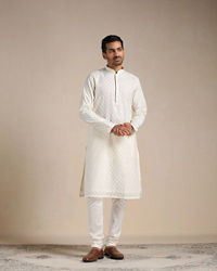 Manyavar Men Sand White Jacquard Patterned Kurta Set 