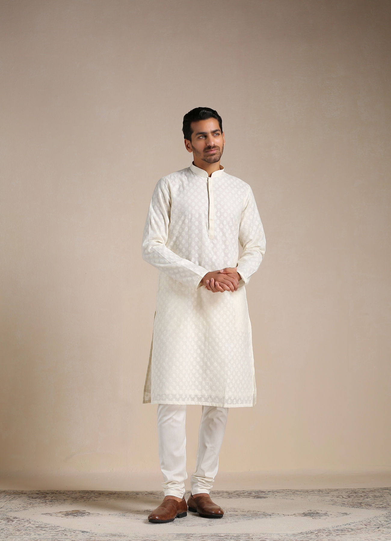 Manyavar Men Sand White Jacquard Patterned Kurta Set 