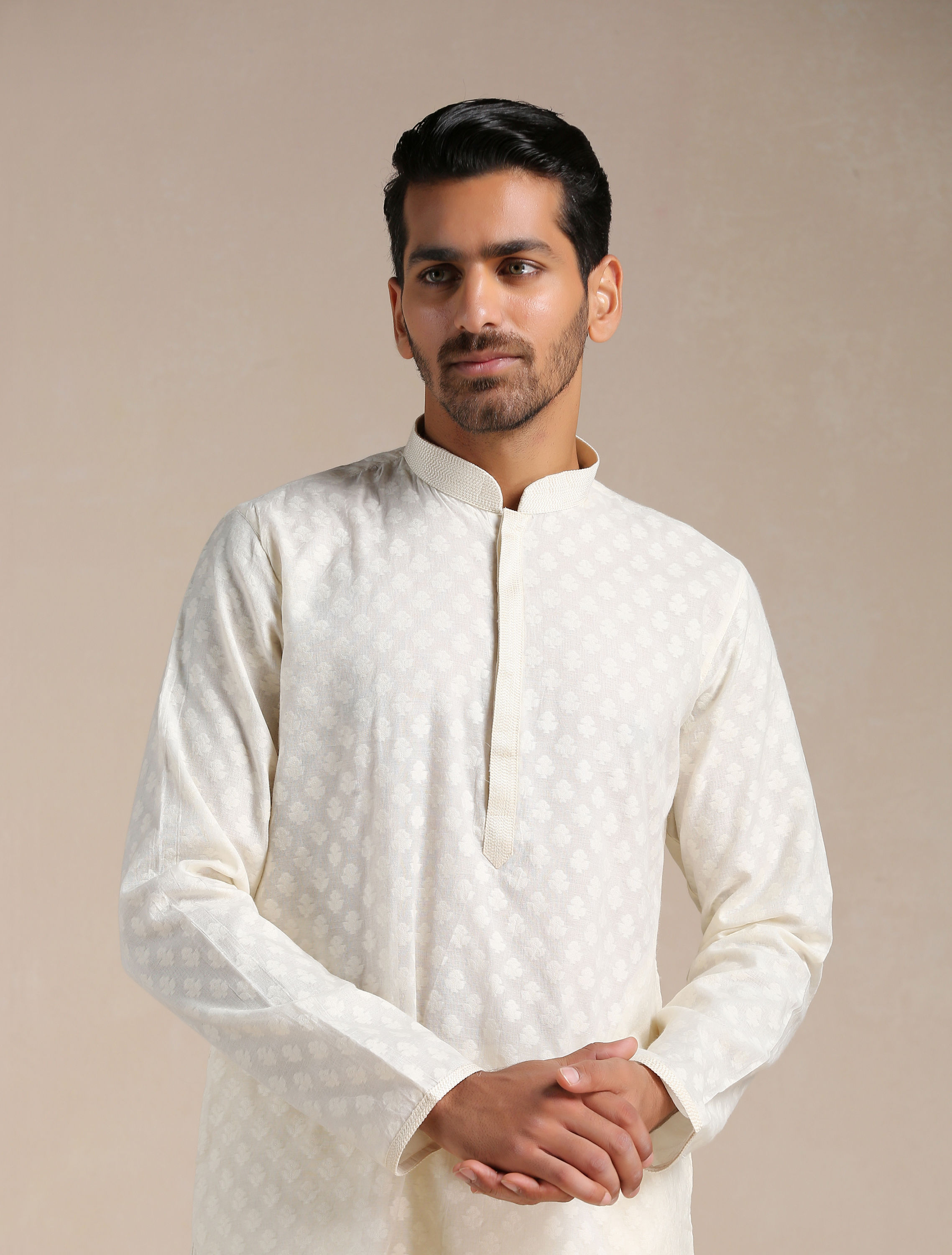 Manyavar Men Sand White Jacquard Patterned Kurta Set 