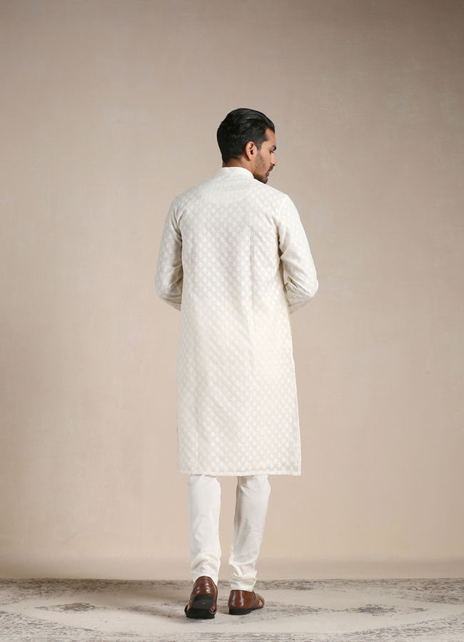 Manyavar Men Sand White Jacquard Patterned Kurta Set 