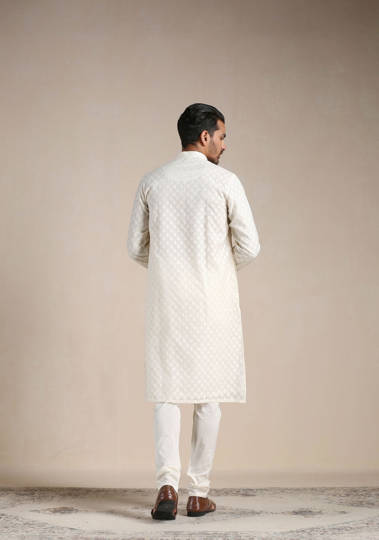 Manyavar Men Sand White Jacquard Patterned Kurta Set 