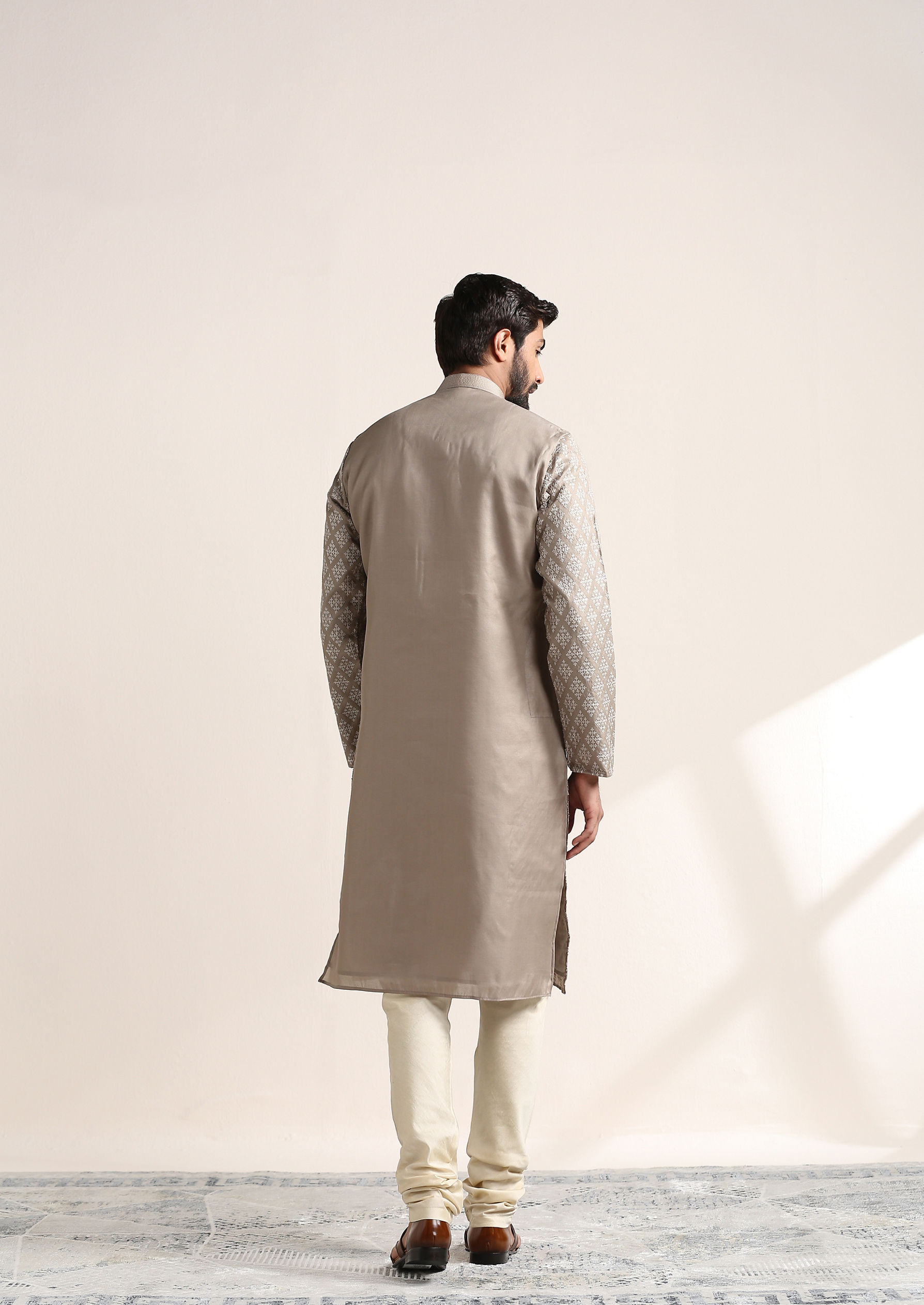 Twamev Men Brazilian Sand Beige Embroidered Kurta Set