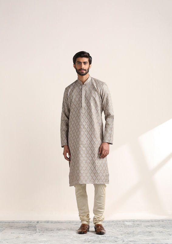 Twamev Men Brazilian Sand Beige Embroidered Kurta Set