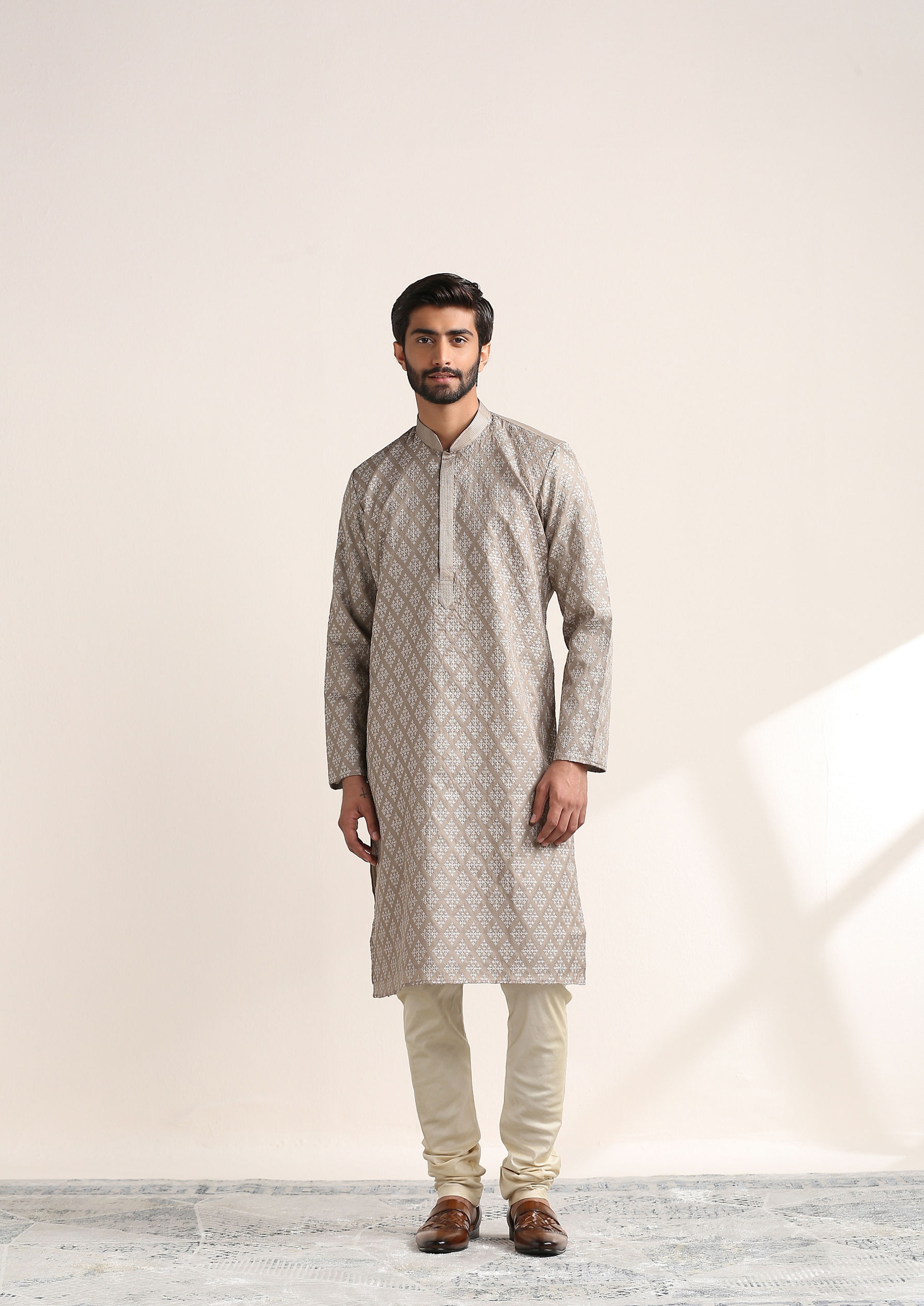 Twamev Men Brazilian Sand Beige Embroidered Kurta Set