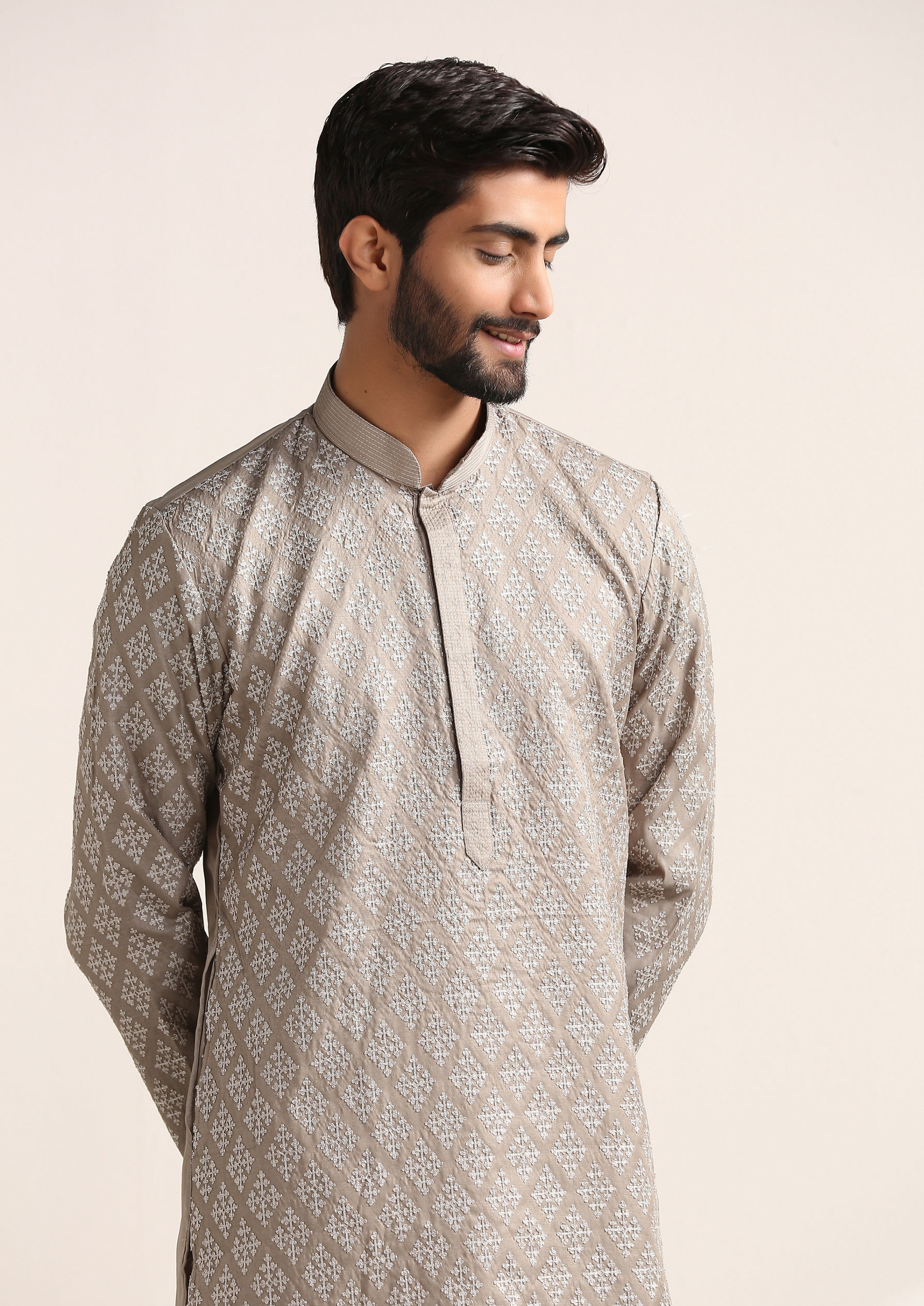 Twamev Men Brazilian Sand Beige Embroidered Kurta Set