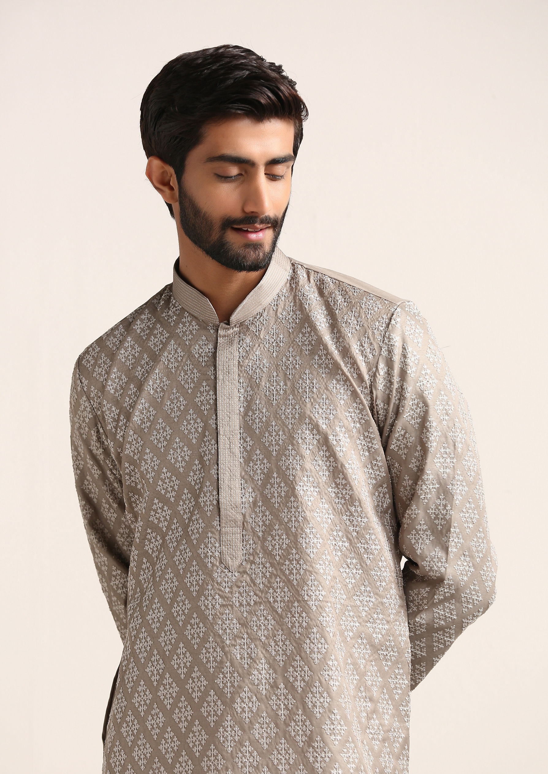 Twamev Men Brazilian Sand Beige Embroidered Kurta Set