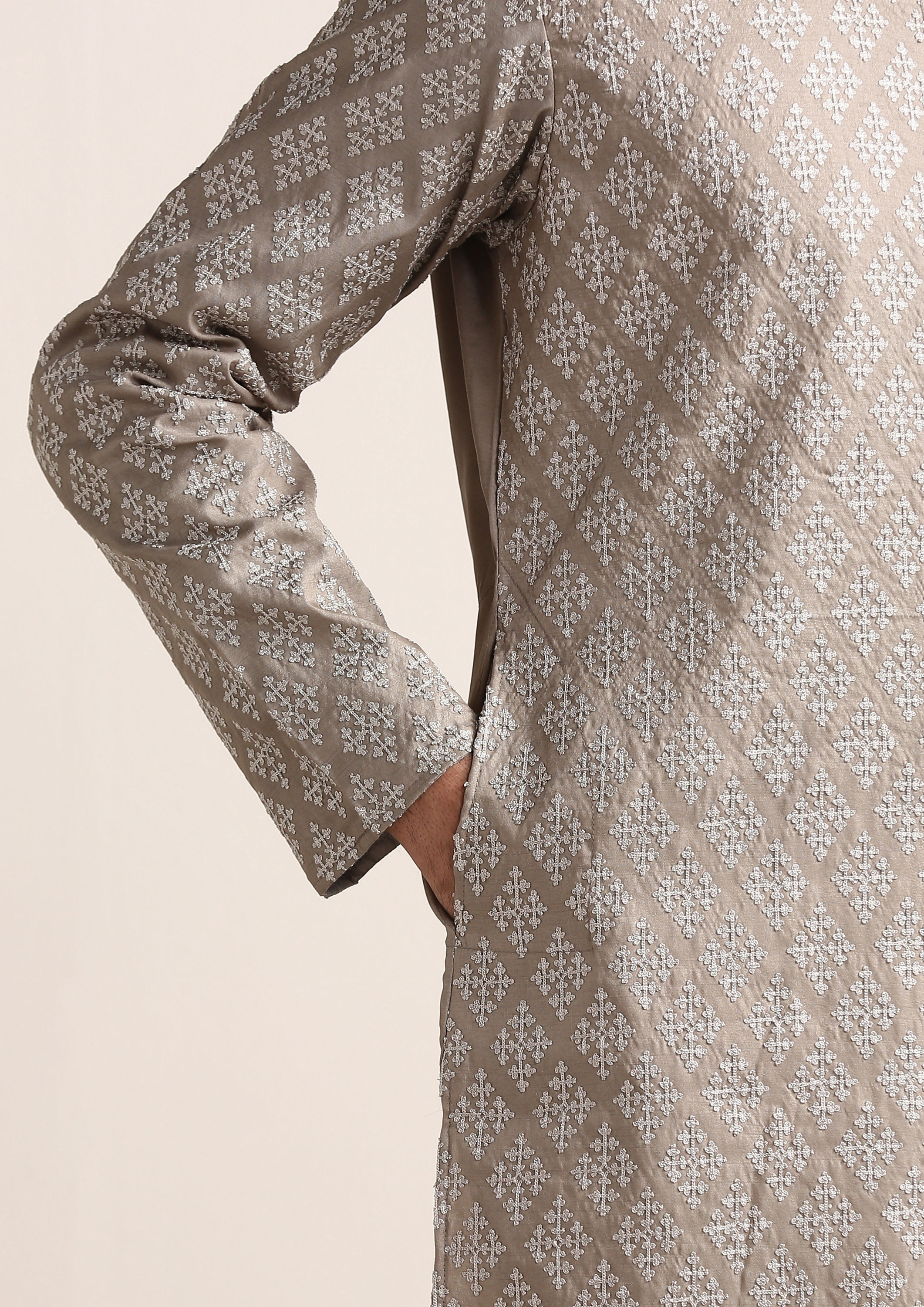Twamev Men Brazilian Sand Beige Embroidered Kurta Set