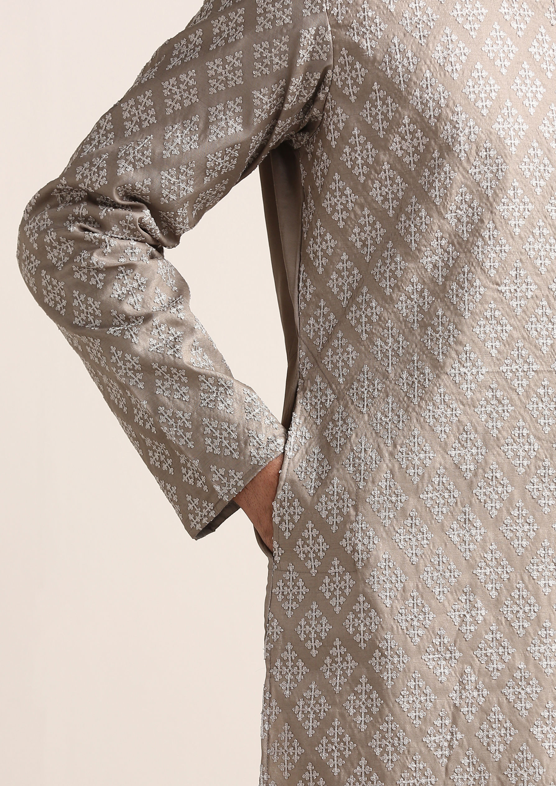 Twamev Men Brazilian Sand Beige Embroidered Kurta Set
