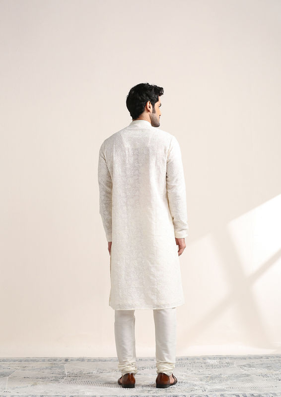 Twamev Men Cream White Chikankari Embroidered Kurta Set