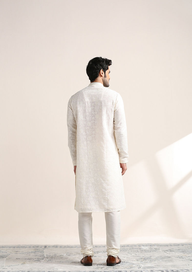 Twamev Men Cream White Chikankari Embroidered Kurta Set
