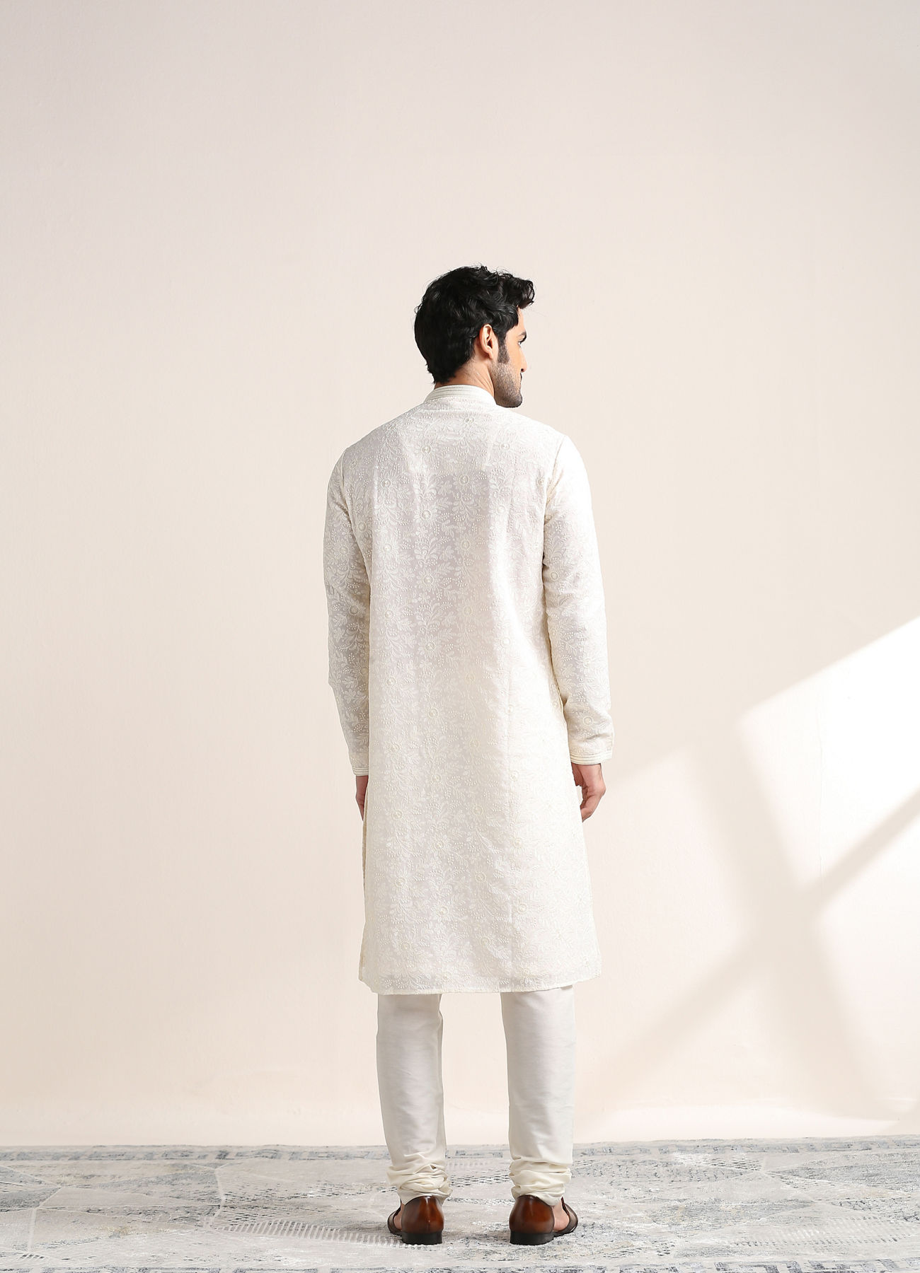 Twamev Men Cream White Chikankari Embroidered Kurta Set