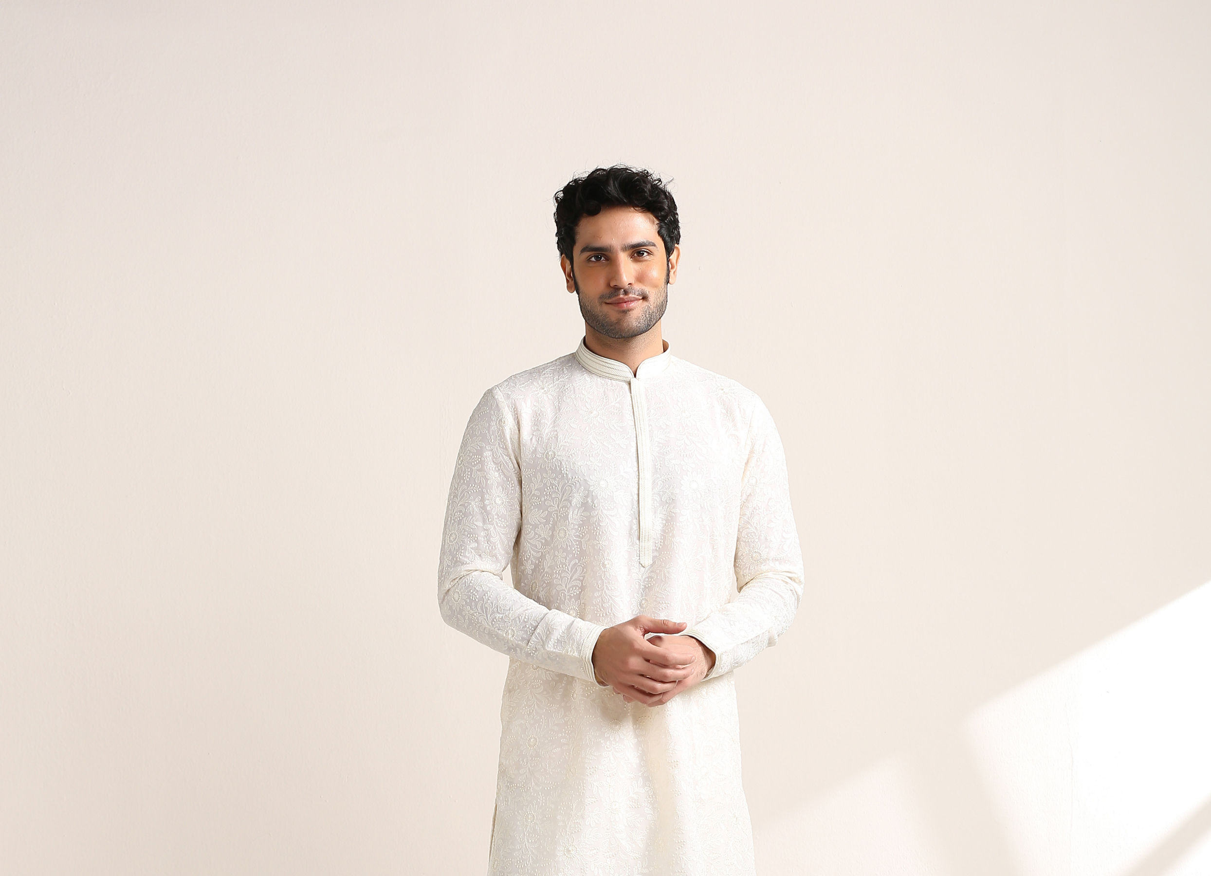 Twamev Men Cream White Chikankari Embroidered Kurta Set