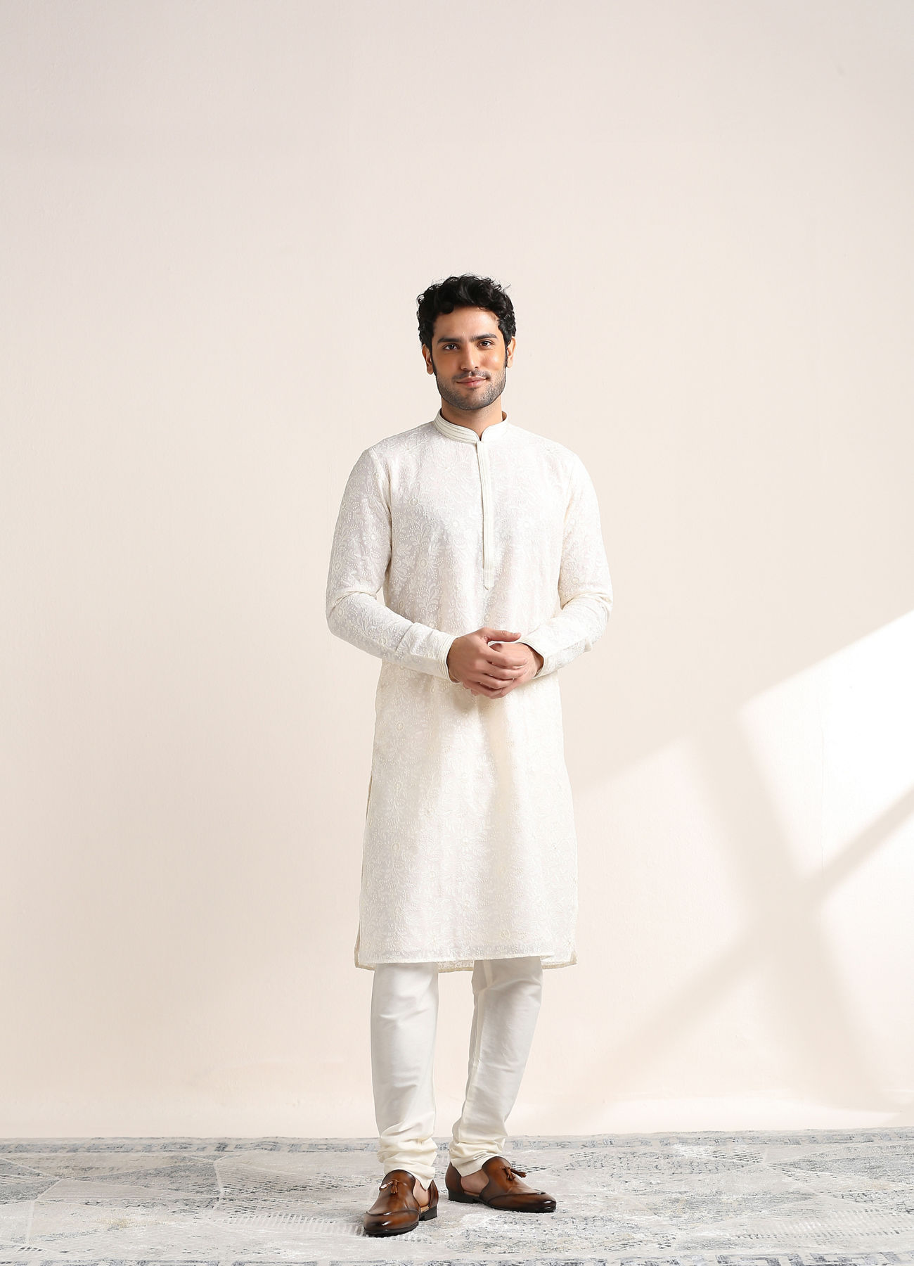 Twamev Men Cream White Chikankari Embroidered Kurta Set